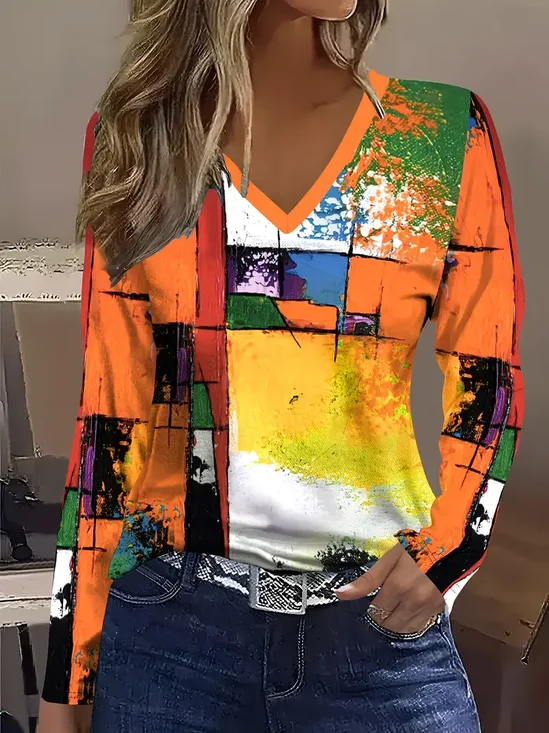 Women Abstract Long Sleeve Tee T-shirt V Neck Printing Casual Spring/Fall Graphic Tee Top
