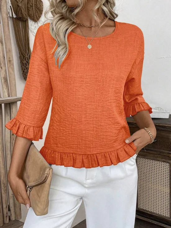 Women Plain Crew Neck Half Sleeve Shirt Bell Sleeve Casual Daily Summer Top
