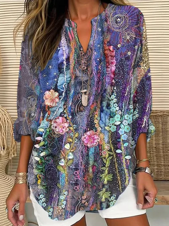 Women Floral Long Sleeve Blouse Spring/Fall Printing V Neck Daily Casual Top