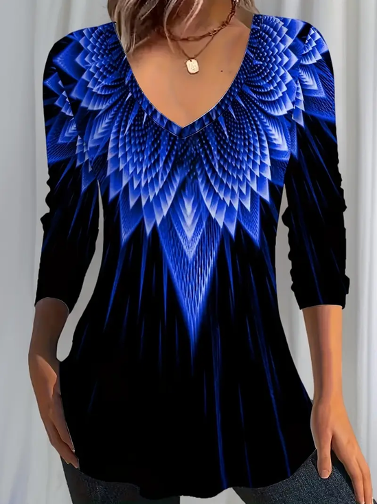 Women Abstract Long Sleeve Tee T-shirt V Neck Printing Casual Spring/Fall Graphic Tee Top