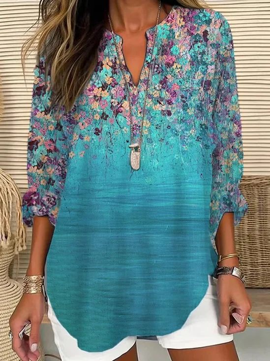 Women Floral Long Sleeve Blouse Spring/Fall Printing V Neck Daily Casual Top
