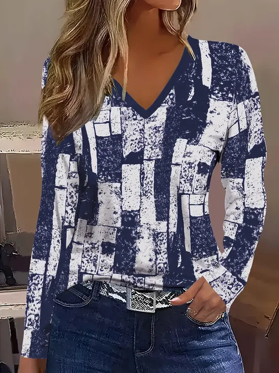 Women Abstract Long Sleeve Tee T-shirt V Neck Printing Casual Spring/Fall Graphic Tee Top