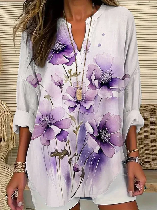Women Floral Long Sleeve Blouse Spring/Fall Printing V Neck Daily Casual Top