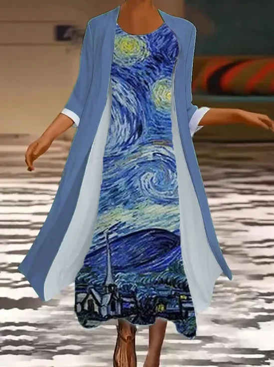 Women Paintings Printing Two-Piece Set Daily Three Quarter Sleeve Casual Spring/Fall Coat With Skirt Matching Set