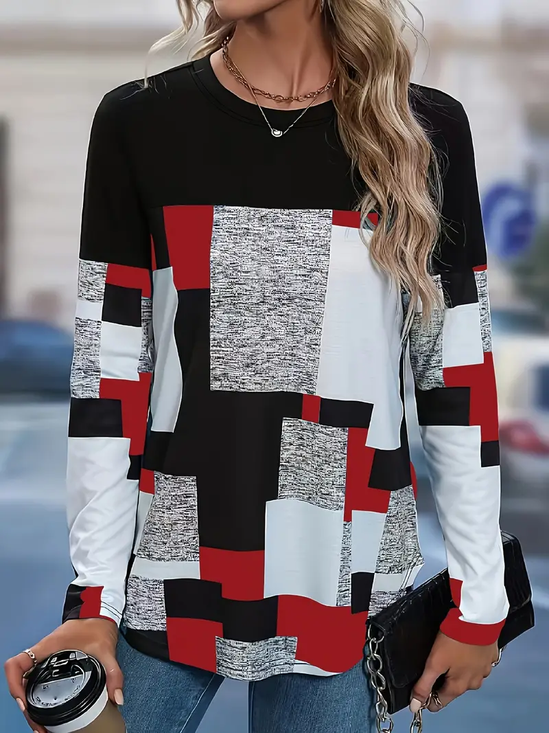 Women Abstract Plaid Long Sleeve Tee T-shirt Crew Neck Printing Casual Spring/Fall Graphic Tee Top