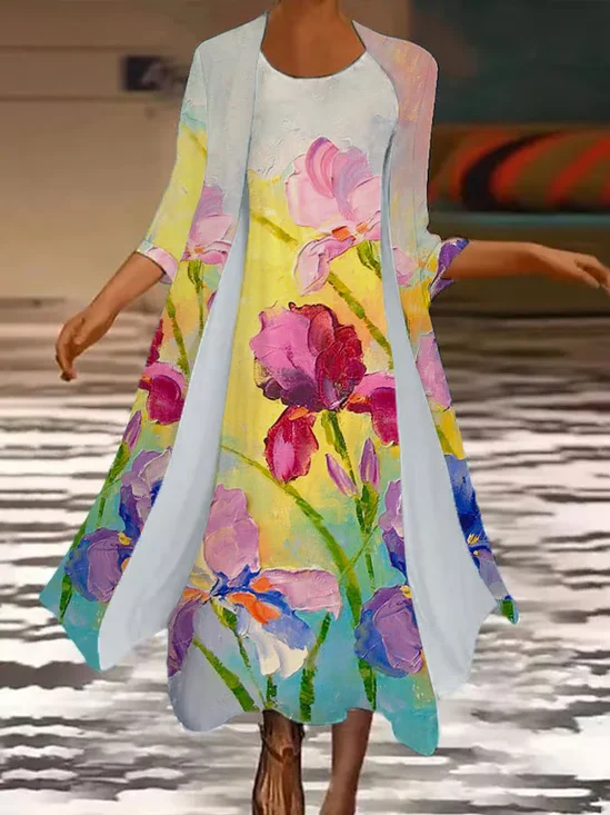 Women Floral Printing Two-Piece Set Daily Three Quarter Sleeve Casual Spring/Fall Coat With Skirt Matching Set