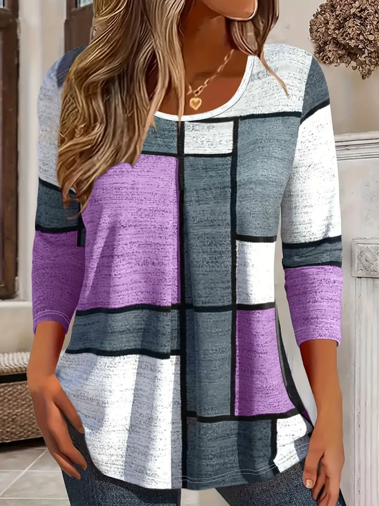 Women Plaid Long Sleeve Tee T-shirt Crew Neck Printing Casual Spring/Fall Graphic Tee Top