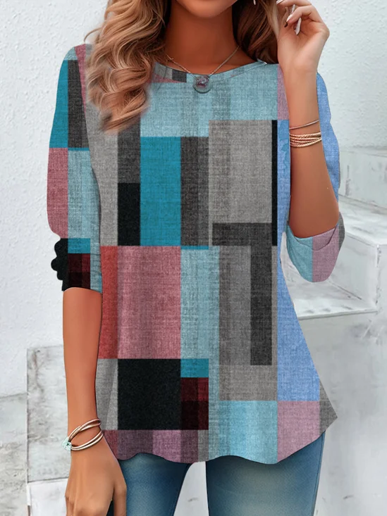 Women Abstract Plaid Long Sleeve Tee T-shirt Crew Neck Printing Casual Spring/Fall Graphic Tee Top