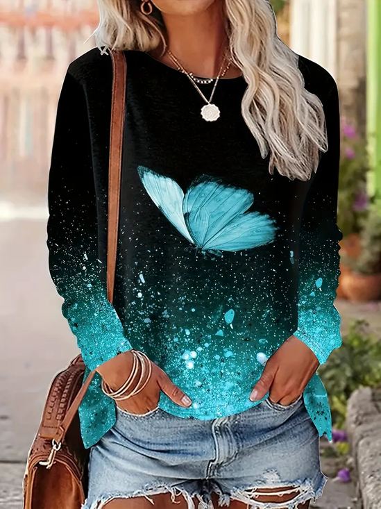 Women Butterfly Long Sleeve Tee T-shirt Crew Neck Printing Casual Spring/Fall Graphic Tee Top