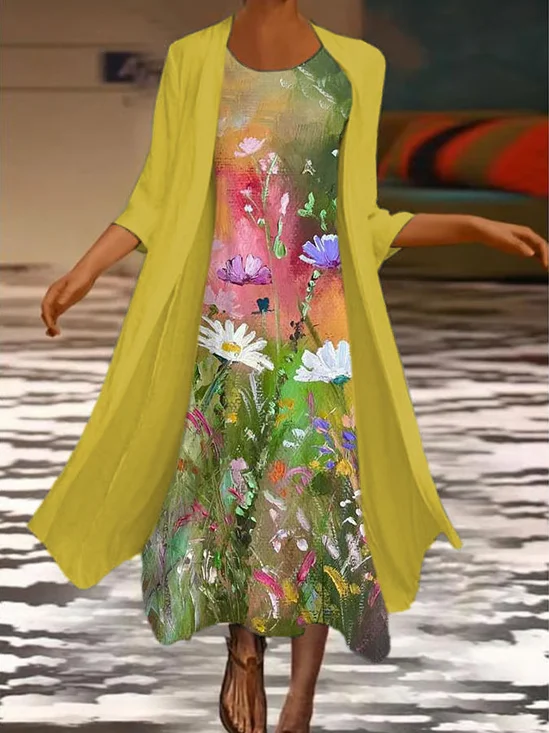 Women Floral Printing Two-Piece Set Daily Three Quarter Sleeve Casual Spring/Fall Coat With Skirt Matching Set