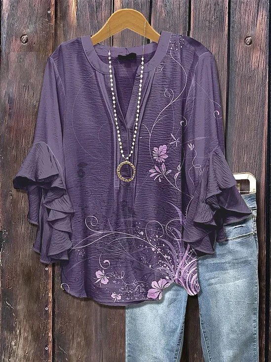 Women Floral Half Sleeve Shirt Summer Printing V Neck Daily Casual Top