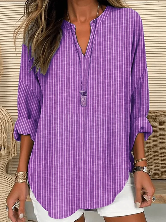 Women Striped Long Sleeve Blouse Spring/Fall Printing V Neck Daily Casual Top