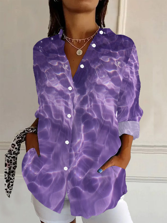 Women Abstract Long Sleeve Shirt Spring/Fall Buckle Shirt Collar Regular Sleeve Daily Casual Top
