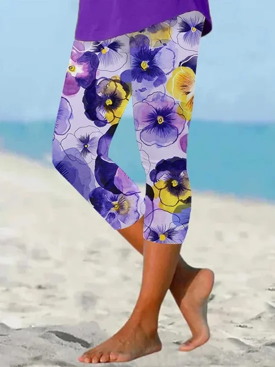 Women Floral Capris Elastic Waist Pants Casual Summer Trousers