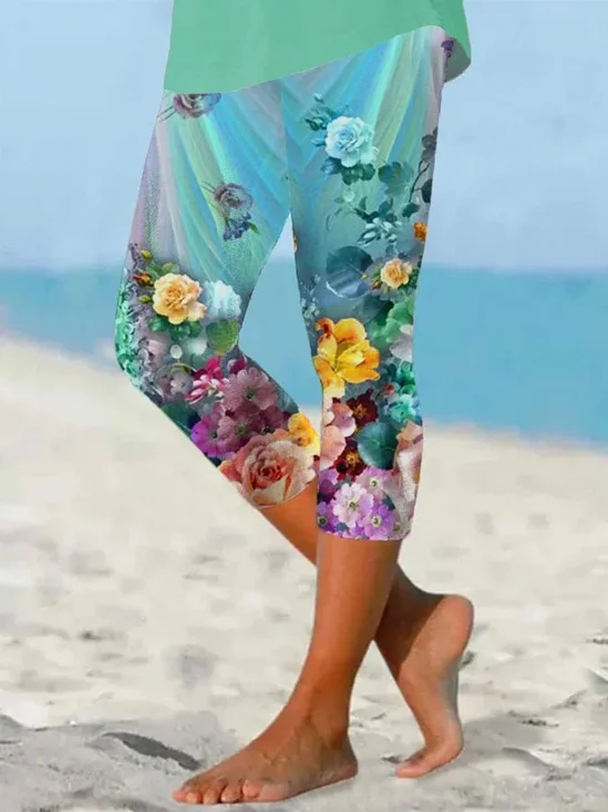 Women Floral Capris Elastic Waist Pants Casual Summer Trousers