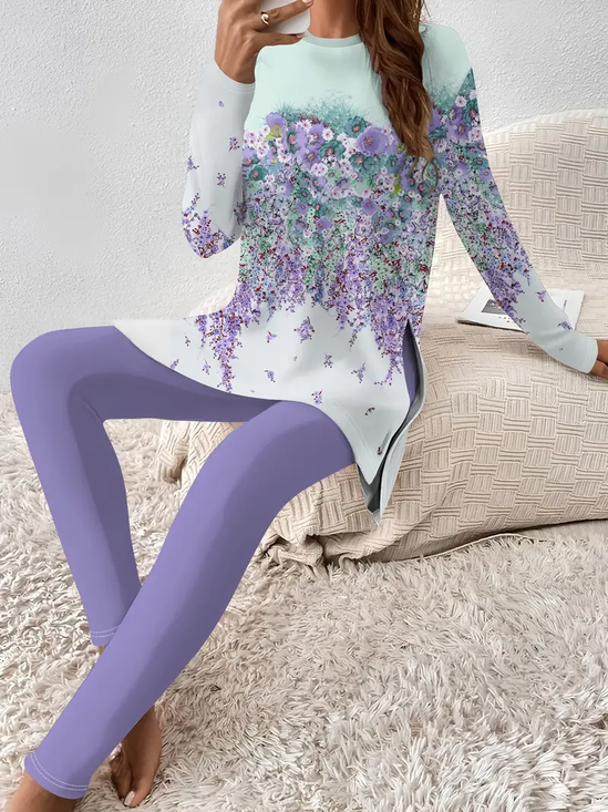 Women Floral Printing Two-Piece Set Daily Long Sleeve Casual Spring/Fall Top With Pants Matching Set
