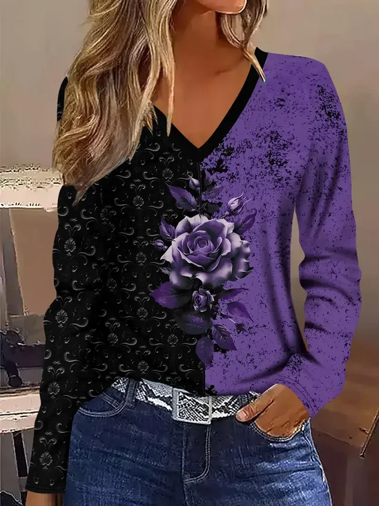 Women Floral Long Sleeve Tee T-shirt V Neck Printing Casual Spring/Fall Graphic Tee Top