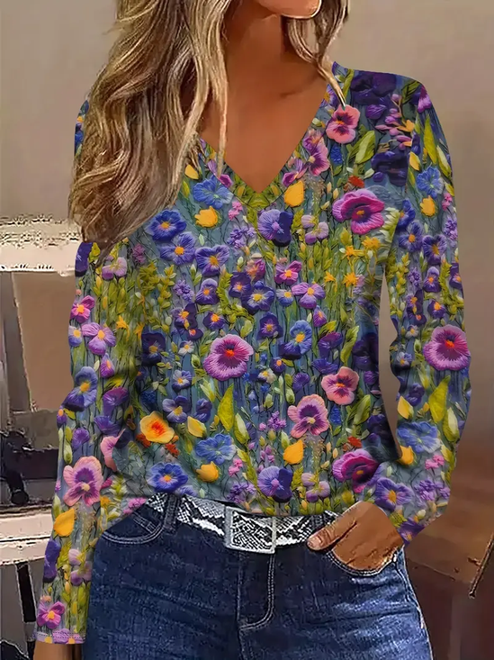 Women Floral Long Sleeve Tee T-shirt V Neck Printing Casual Spring/Fall Graphic Tee Top