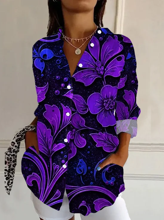 Women Floral Long Sleeve Shirt Spring/Fall Buckle Shirt Collar Regular Sleeve Daily Casual Top