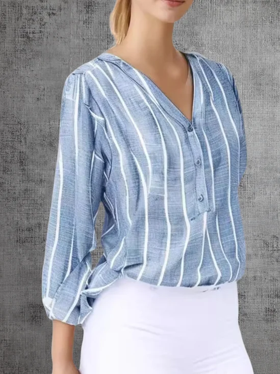 Women Striped Long Sleeve Shirt Spring/Fall Printing V Neck Daily Casual Top