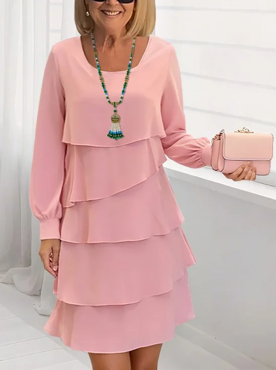 Women Plain Long Sleeve Spring/Fall Dress Crew Neck Daily Casual Midi A-Line Dress
