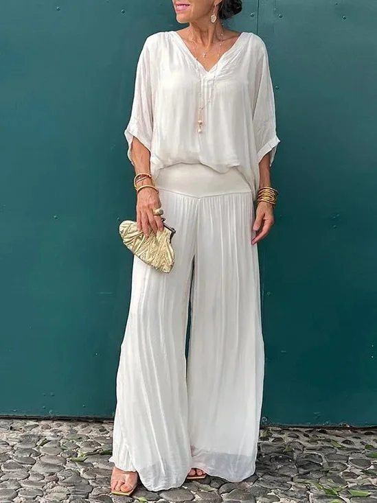 Women Plain Split Joint Two-Piece Set Daily Half Sleeve Casual Summer Top With Pants Matching Set