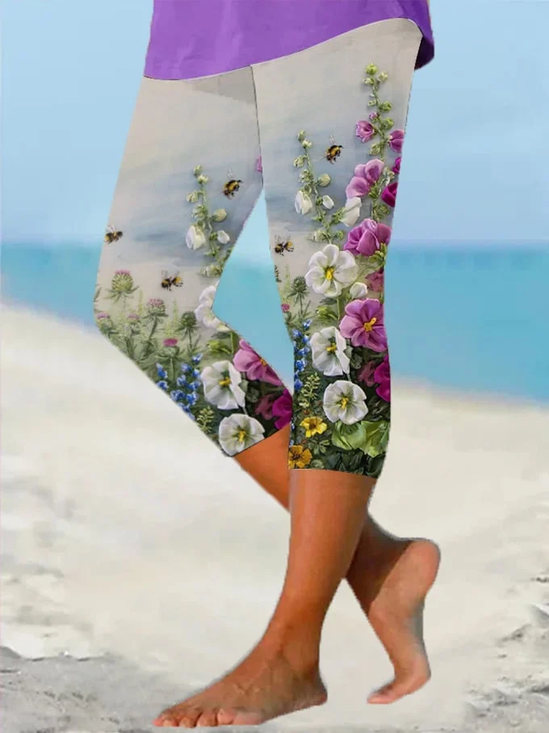 Women Floral Capris Elastic Waist Pants Casual Summer Trousers