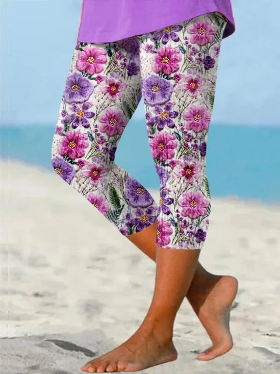 Women Floral Capris Elastic Waist Pants Casual Summer Trousers