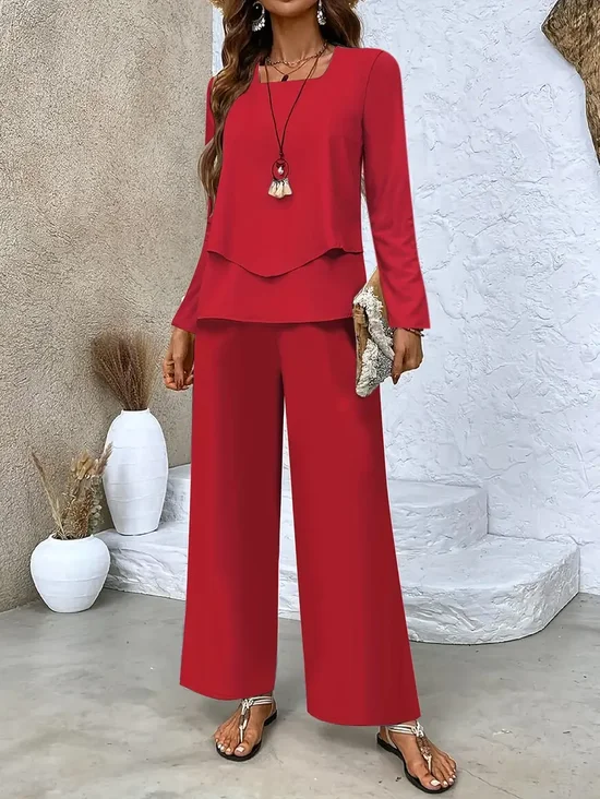 Women Plain Printing Two-Piece Set Daily Long Sleeve Casual Spring/Fall Top With Pants Matching Set