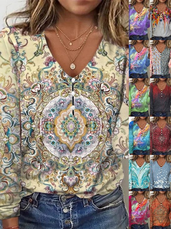 Women Geometric Long Sleeve Tee T-shirt V Neck Printing Vintage Spring/Fall Top