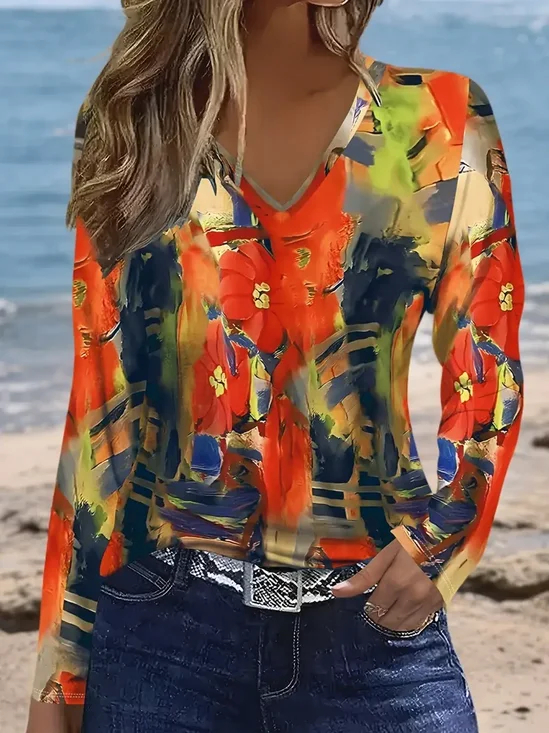 Women Abstract Long Sleeve Tee T-shirt V Neck Printing Casual Spring/Fall Graphic Tee Top