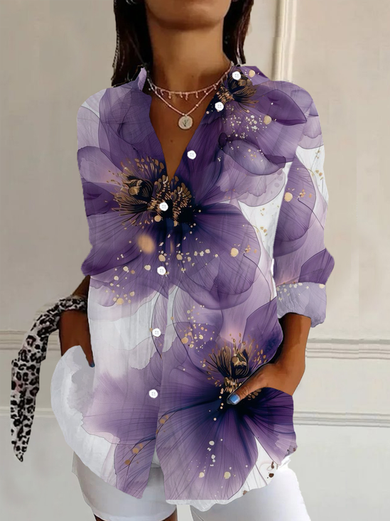 Women Floral Long Sleeve Shirt Spring/Fall Buckle Shirt Collar Regular Sleeve Daily Casual Top
