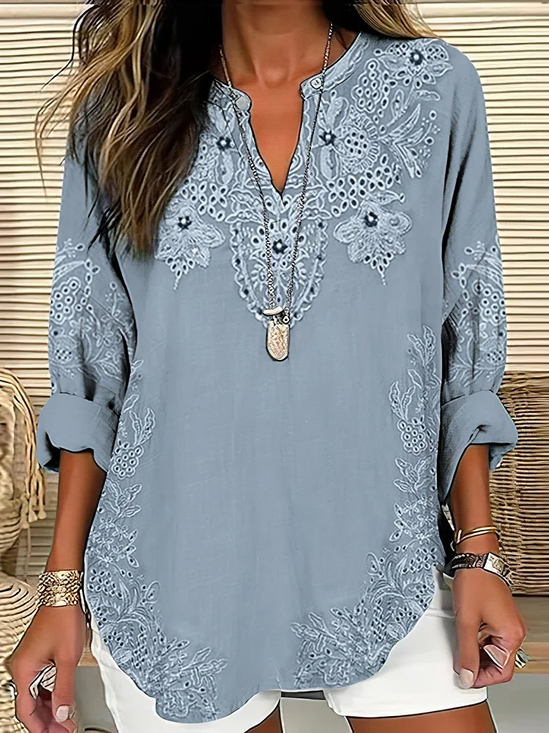 Women Floral Long Sleeve Blouse Spring/Fall Printing V Neck Daily Casual Top