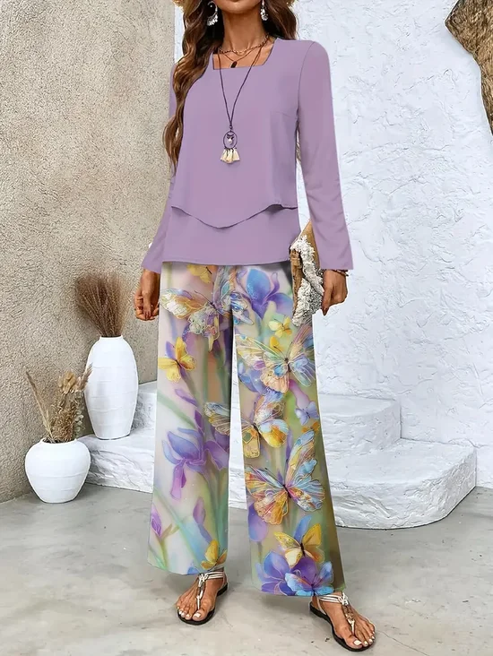 Women Floral Printing Two-Piece Set Daily Long Sleeve Casual Spring/Fall Top With Pants Matching Set
