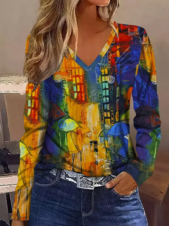 Women Abstract Long Sleeve Tee T-shirt V Neck Printing Casual Spring/Fall Graphic Tee Top