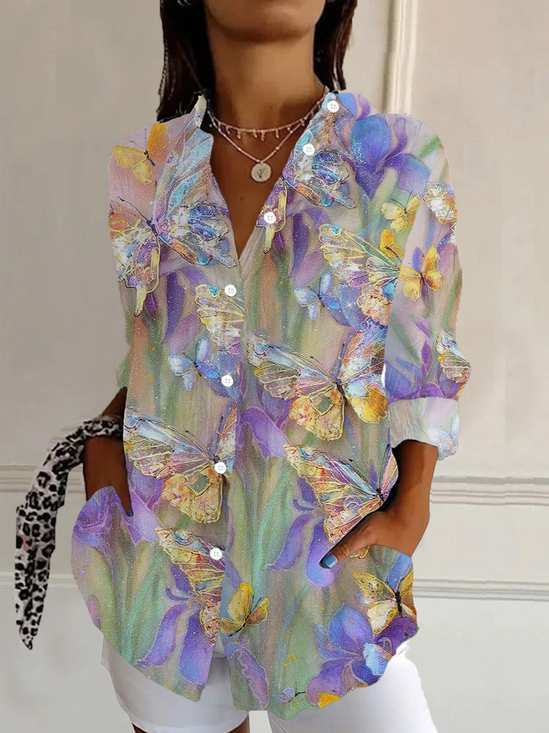 Women Butterfly Long Sleeve Shirt Spring/Fall Buckle Shirt Collar Regular Sleeve Daily Casual Top