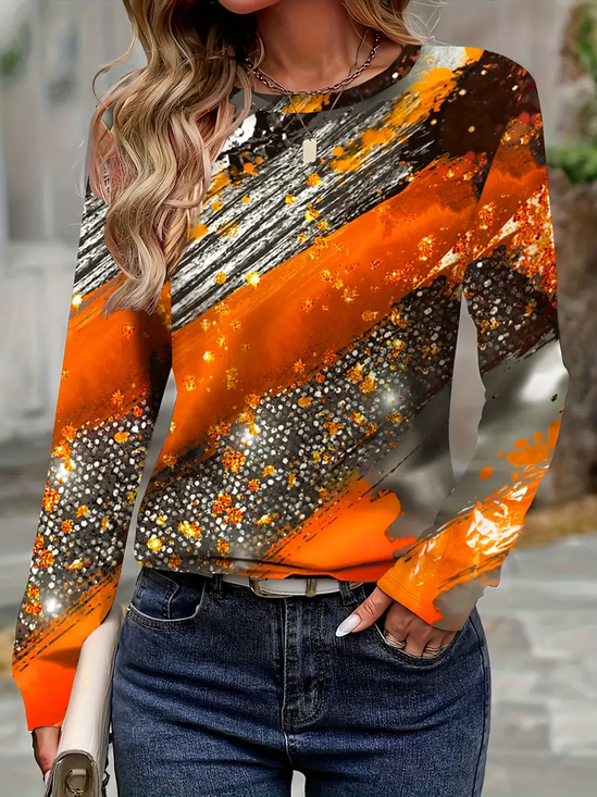 Women Abstract Long Sleeve Tee T-shirt Crew Neck Printing Casual Spring/Fall Graphic Tee Top