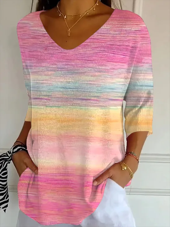 Women Abstract Three Quarter Sleeve Tee T-shirt V Neck Printing Casual Spring/Fall Graphic Tee Top