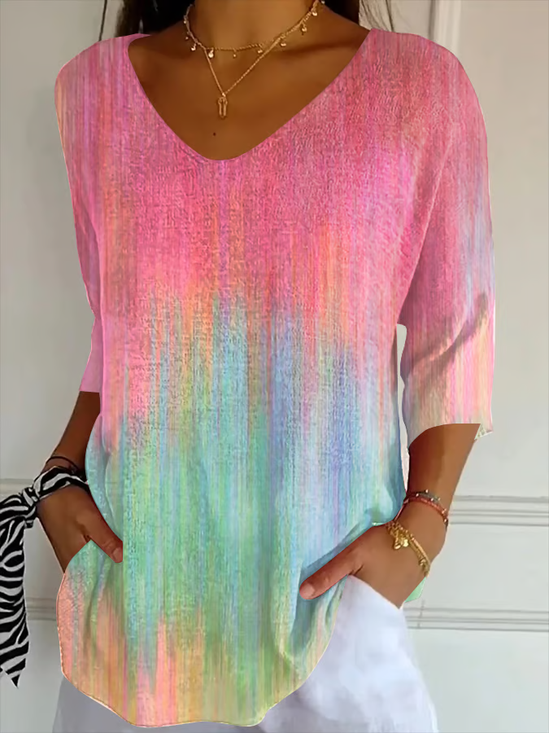 Women Abstract Three Quarter Sleeve Tee T-shirt V Neck Printing Casual Spring/Fall Graphic Tee Top