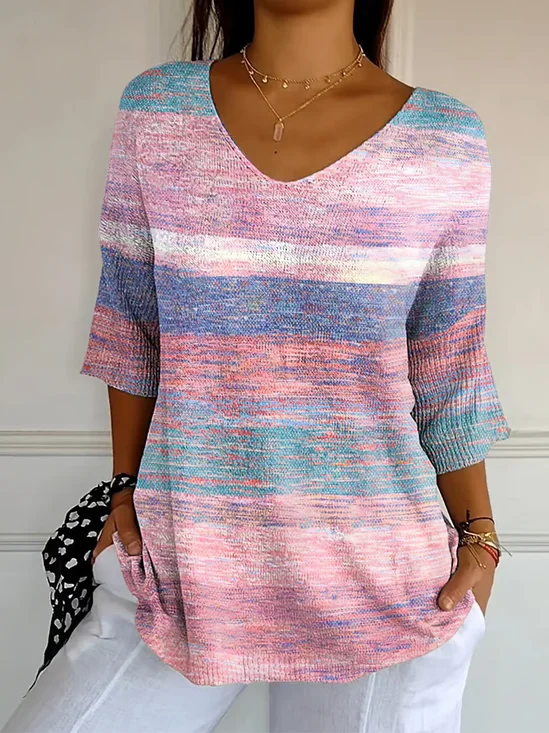 Women Abstract Stripes Three Quarter Sleeve Tee T-shirt V Neck Printing Casual Spring/Fall Graphic Tee Top