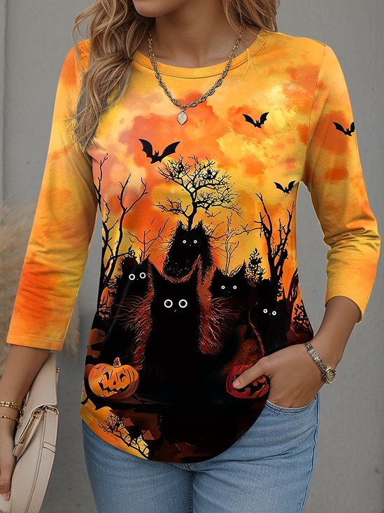 Women Halloween Long Sleeve Tee T-shirt Crew Neck Vintage Spring/Fall Top