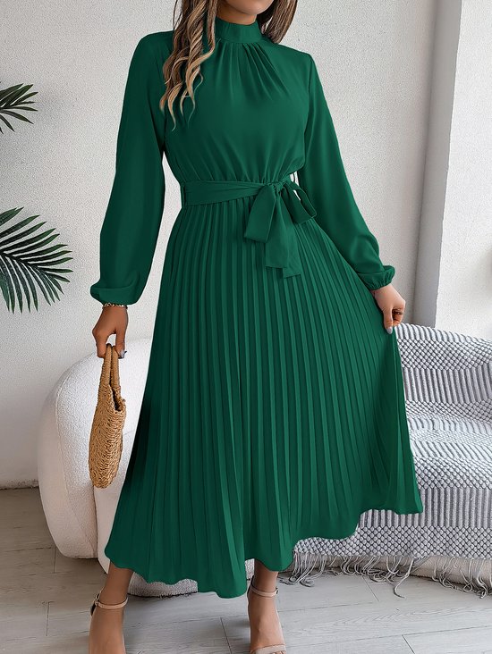 Women Plain Short Sleeve Summer Split Joint Dress Stand Collar Daily Vintage Maxi Tank A-Line Dress