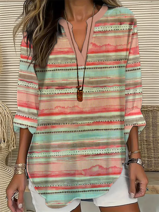 Women Abstract Stripes Long Sleeve Blouse Spring/Fall Printing V Neck Daily Casual Top