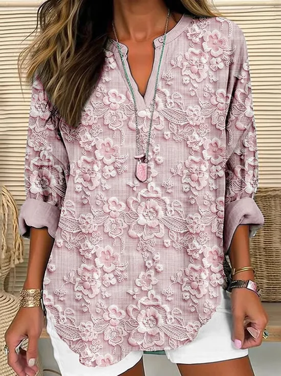 Women Floral Long Sleeve Blouse Spring/Fall Printing V Neck Daily Casual Top