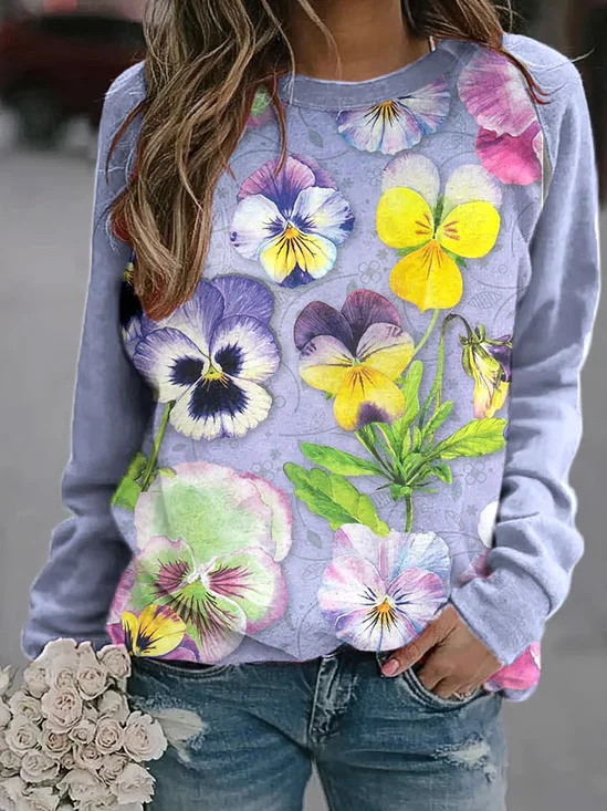 Women Floral Crew Neck Printing Casual Spring/Fall Long Sleeve Sweatshirt