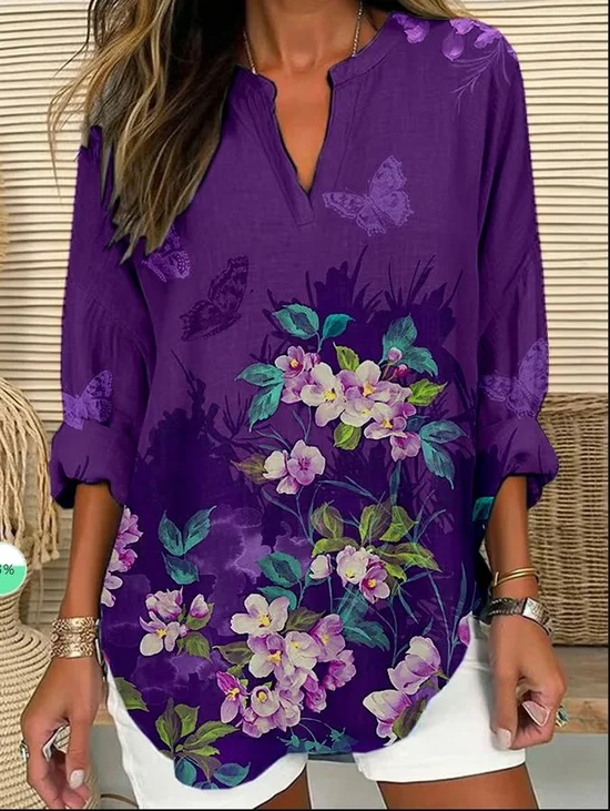 Women Floral Long Sleeve Blouse Spring/Fall Printing V Neck Daily Casual Top