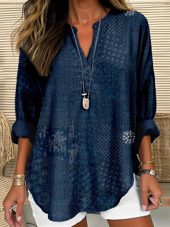 Women Abstract Long Sleeve Blouse Spring/Fall Printing V Neck Daily Casual Top