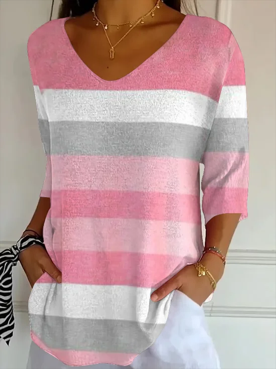 Women Striped Three Quarter Sleeve Tee T-shirt V Neck Printing Casual Spring/Fall Graphic Tee Top