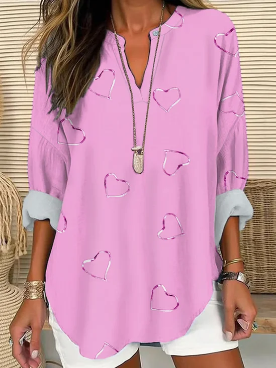Women Heart/Cordate Long Sleeve Blouse Spring/Fall Printing V Neck Daily Casual Top