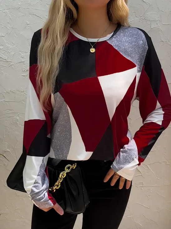 Women Geometric Long Sleeve Tee T-shirt Crew Neck Printing Casual Spring/Fall Graphic Tee Top